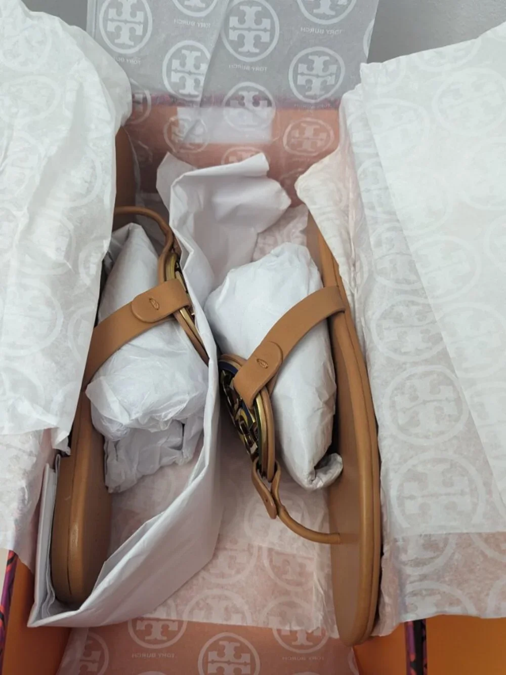 Tory Burch $298 Enamel Miller Soft Sandal Multi Natural Vachetta Tan 7.5 9 Slide